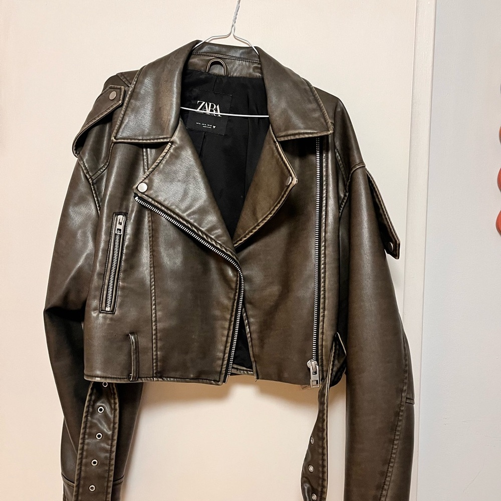 Zara Women's Dark grey Leather Biker Jacket